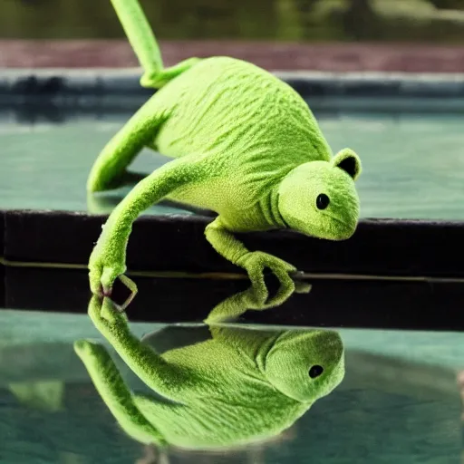 Prompt: Kermit looking at its reflection in a pool, dslr photo