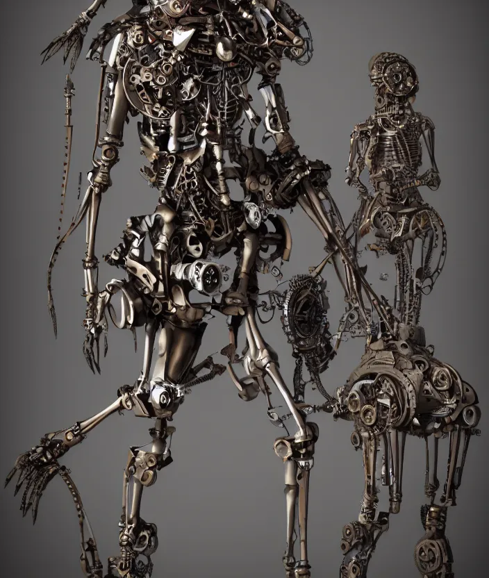 Image similar to Steampunk cyborg skeleton girl with mechanical stained dark wings. clockwork. gears, pipes. goggles. rivets. octane render. highly detailded