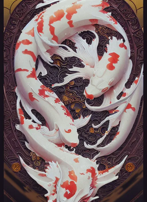 Image similar to subsurface scattering, white, koi, samurai deity with koi armor, art nouveau swirls, epic lighting, octane render, by jesper ejsing, james jean, justin gerard, tomasz alen kopera, cgsociety and fenghua zhong, highly detailed, rim light, art, very coherent, cinematic, hyper realism, high detail, 8 k