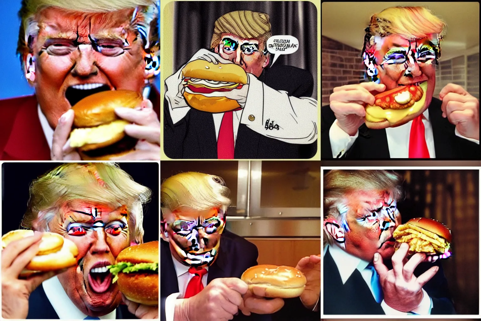 Prompt: “Donald trump lovingly licking a hamburger.”