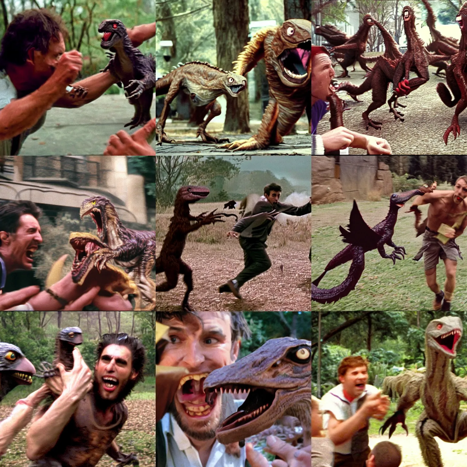 Image similar to velociraptors attacking a man with chocolate!!!, doumentary, 3 5 m lens, film still, dramatic, shocking