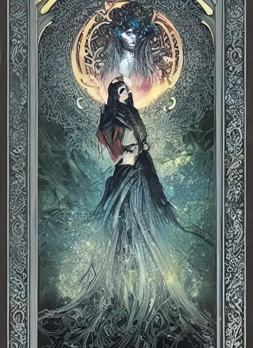 Image similar to book frontcover, side portrait, dark witch with black hood and evil eyes, realism, soft, smooth, luminescent, art nouveau tarot, backlit glow, colorful swirly ripples, gaudy colors, aesthetic octane render, unreal engine, 8 k, by artgerm, greg rutkowski, alphonse mucha