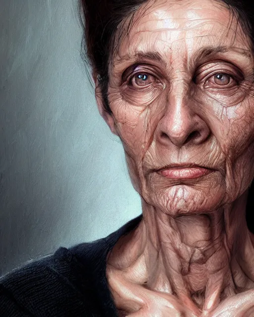 Image similar to portrait 6 0 - year - old woman, tall, severe - looking, with dark hair tied up in a bun, hyper realistic face, beautiful eyes, character art, art by mark brooks, hyperdetailed, cryengine, trending on artstation, digital art