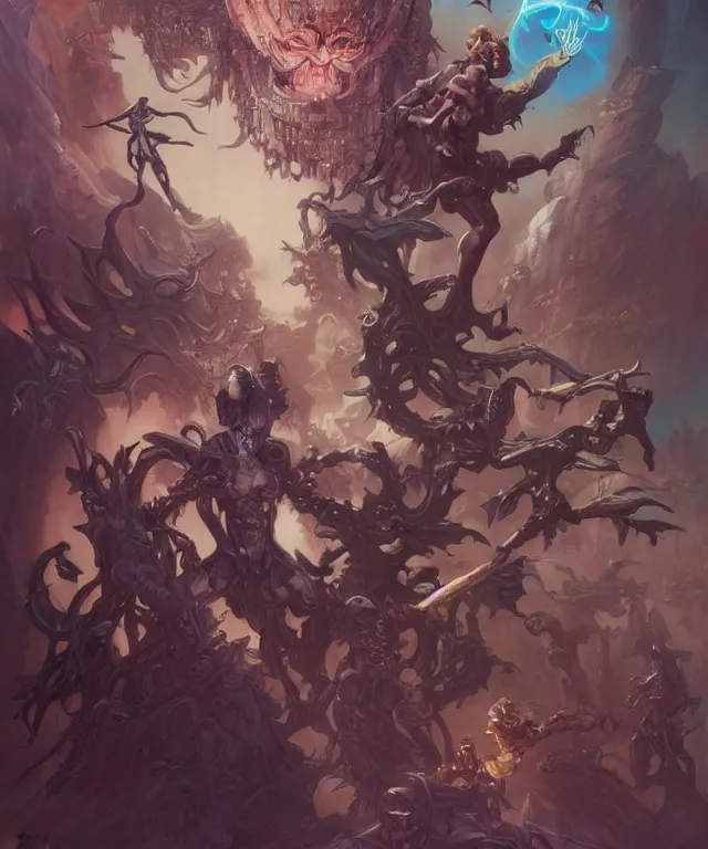 Image similar to beautiful evil fantasy baby superheroes, ultra realistic, wide angle, intricate details, the fifth element artifacts, highly detailed by peter mohrbacher, hajime sorayama, wayne barlowe, boris vallejo, aaron horkey, gaston bussiere, craig mullins