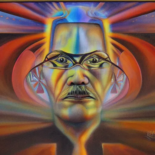 Prompt: painting of paranormal, ufo, psychedelic, spiritual experiencer, charles abel corwin, frank lloyd wright, don ivan punchatz, highly detailed, hyper realism, sharp focus, spirituality