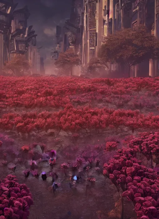 Image similar to A dystopian future in a city made up of the most incredible flowers ever seen, evil, demonic, angelic, flowers, nature, city, environment concept, cinematic, Rendered in Octane, trending on artstation, cgsociety, moody lighting rendered by octane engine, environment 8K artstation, cinematic lighting, intricate details, 8k detail post processing, hyperealistic, octane render, photo realism, visually inspired by Blade Runner 2049