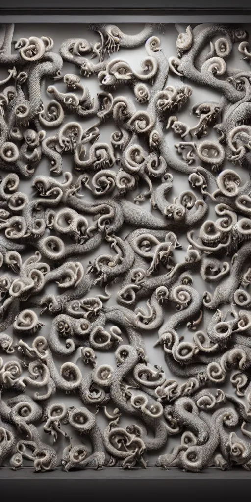 Image similar to a wideshreen photo of a huge cabinet full of octopuses cinematic lighting, silverplate, hyper realistic, very detailed, Octane render 8k