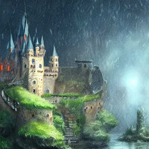 Image similar to castle, raining, celestia, eden, river, fantasy artwork, award winning, very very very very very very very beautiful scenery, artstation