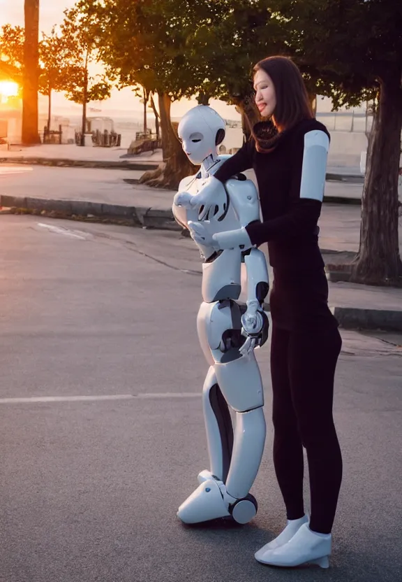 Image similar to a calming photograph of a slender, humanoid robot caresses a beautiful woman in the face, large shot, wide shot, in a street, sunset photo