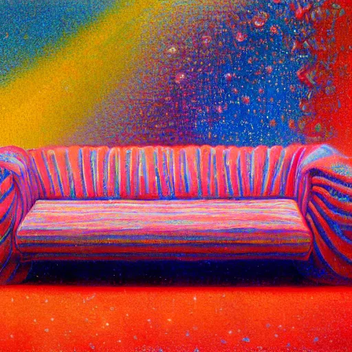 Image similar to psychedelic couch sofa costa blanca, designed by arnold bocklin, jules bastien - lepage, tarsila do amaral, wayne barlowe and gustave baumann, cheval michael, trending on artstation, mediterranean, star, sharp focus, colorful refracted sparkles and lines, soft light, 8 k 4 k