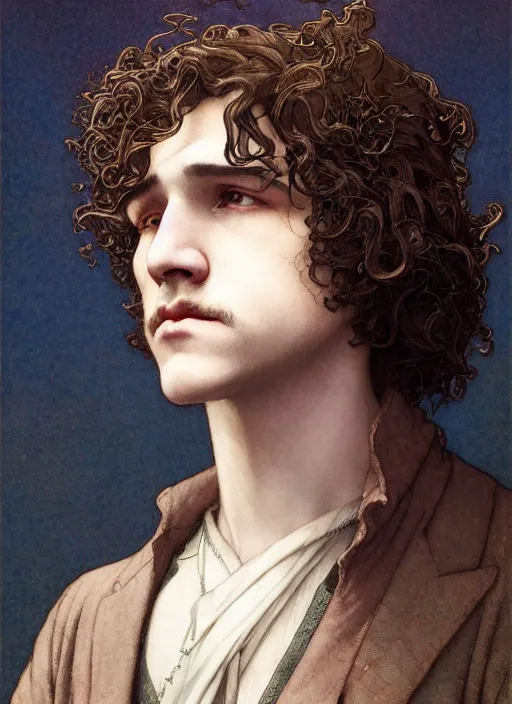 Image similar to edmund dulac, leyendecker, highly detailed portrait, a beautiful androgynous kit harrington, long hair, tall and thin, wearing several pendants, art nouveau, stephen bliss, unreal engine, by greg rutkowski, loish, ferdinand knab, ilya kuvshinov, rossdraws, tom bagshaw, alphonse mucha, global illumination, radiant light