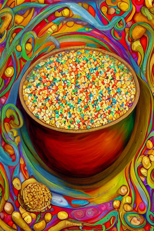 Image similar to painting of biblically accurate bowl of cereal, beautiful composition, amazing details, cosmic horror, surrealism