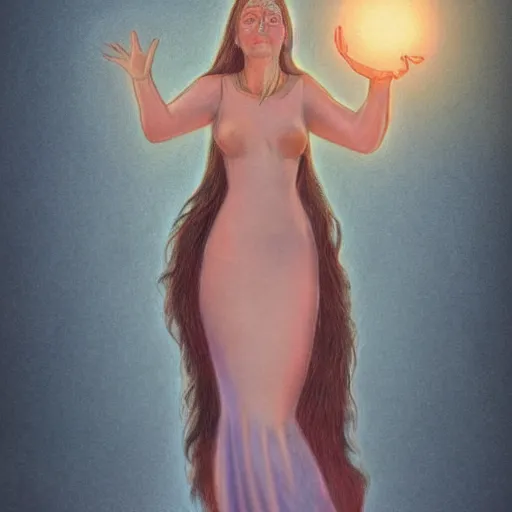 Image similar to detailed realistic fantasy pastel and pencil illustration of a beautiful woman with glowing eyes, stands in center with open arms.