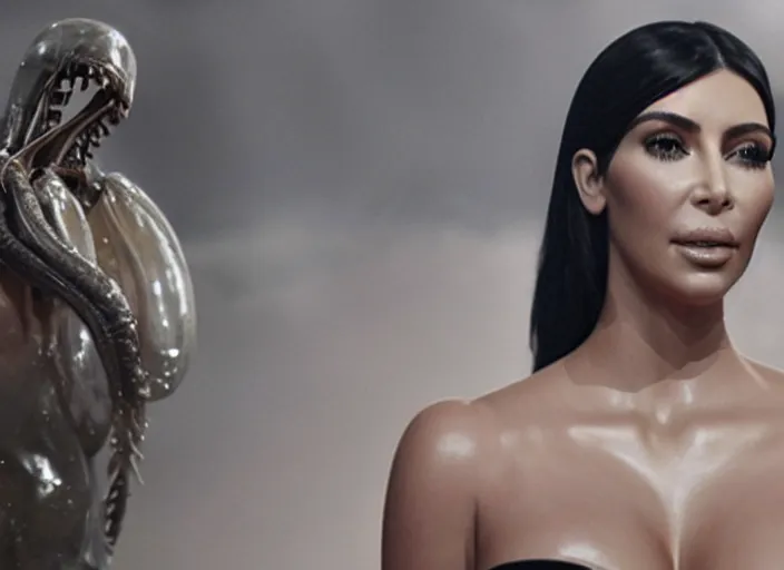 Image similar to film still of kim kardashian swallowed being ingested by an xenomorph, alien goo, transparent goo, transparent liquid, saliva, 8 k