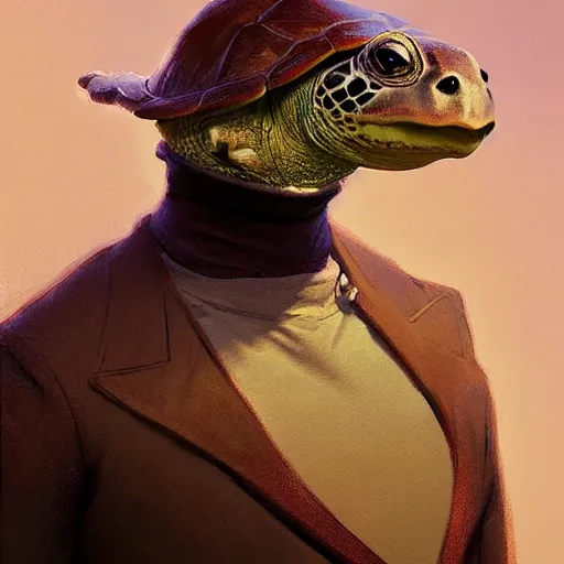 Image similar to an anthropomorphic turtle wearing a turtleneck, digital art, by greg rutkowski, craig mullins, alphonse mucha