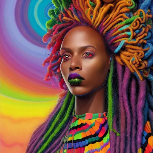 Image similar to a wide angle shot of a black girl with colorful dreadlocks in a field of candy, by Adi granov and afarin sajedi and amanda sage and evgeni gordiets and Agostino Arrivabene and adonna khare in a psychedelic portrait style, ultrarealistic matte painting, volumetric lighting, fractal, extremely symmetrical, highly detailed face, orisha, 8k, hd