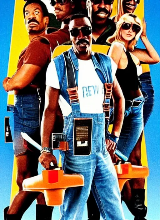 Prompt: an 8 0's john alvin action movie poster starring eddie murphy face as a plumber to rich people. bathroom. sunglasses. overalls. tool belt. plunger. toliet the movie is called beverly hills crap