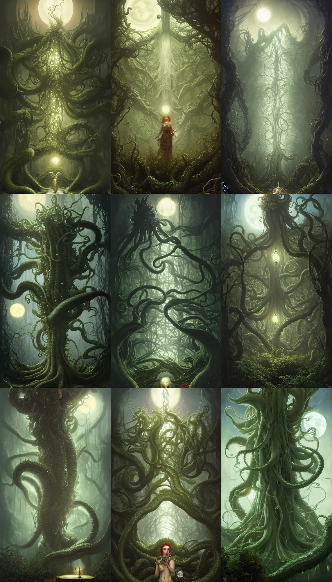Prompt: big white flower, on arkham horror background at night, evil fluid, lush plants, insane, giant tentacles, lovecraft, full bloody moon, light rays, gnarly trees by tom bagshaw, mucha, gaston bussiere, craig mullins, j. c. leyendecker 8 k