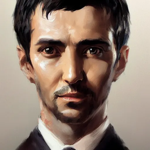 Prompt: portrait of a man by greg rutkowski, he is! about 3 0 years old, short black hair with bangs, his features are a mix between french, turkish and russian and he is wearing futuristic office suit, highly detailed portrait, digital painting, artstation, concept art, smooth, sharp foccus ilustration, artstation hq