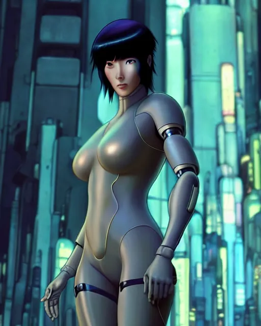 Image similar to weta disney pixar movie still portrait photo of motoko kusanagi ghost in the shell : : as cyborg woman by pixar : : by weta, greg rutkowski, wlop, ilya kuvshinov, rossdraws, artgerm, marvel, maxim cover, latex, octane render, sweaty, iridescent, bright morning, anime, liosh, mucha : :