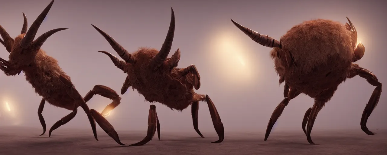 Image similar to creature design, a slender fast furry crab with oryx head and horns, oryx colored fur, cryptid, cinematic lighting, octane render, cinematic aura lighting, atmospheric, photorealistic, hyperdetailed 3 d matte painting, hyperrealism, hyperrealistic