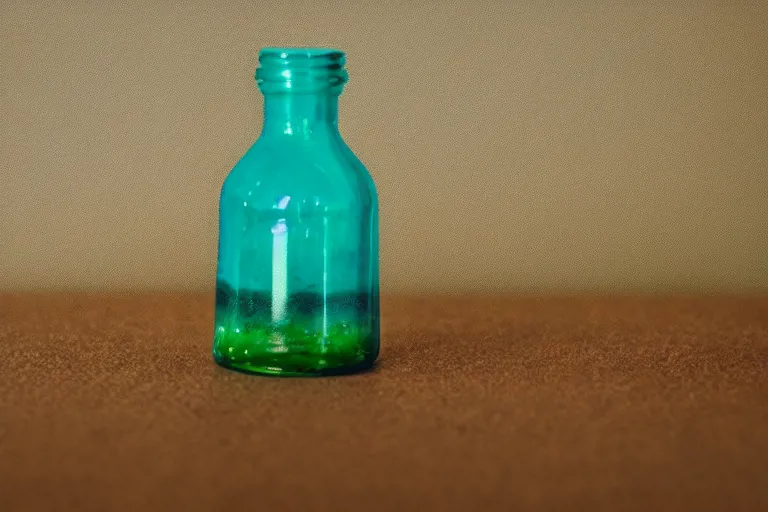 Image similar to small potion with a cork top filled with a green and turquoise gradient liquid, on a desk, old film photo