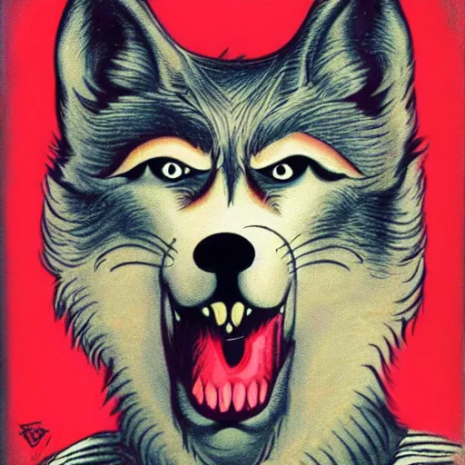 Image similar to portrait of ugly wolf, retarded, eyes in different directions, rabies, missing teeth, propaganda style, vivid colors