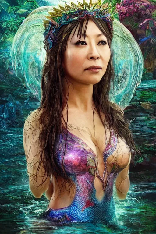 Image similar to a beautiful portrait of ming - na wen as a mermaid in a river of the amazon, ayahuasca, fantasy art, highly detailed, matte painting, visionary art