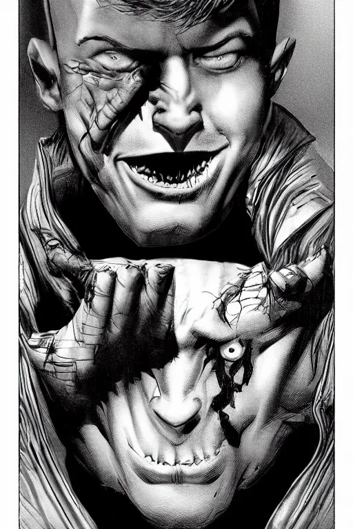 Image similar to 3 d model of a handsome young man with a sinister grin by brian bolland, rachel birkett, alex ross, and neal adams | dark, intimidating, imposing, portrait, character concept, concept art, unreal engine, finalrender, centered, deviantart, artgerm