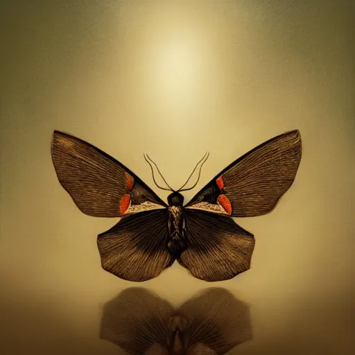 Prompt: close portrait of a beautiful mysterious elegant moth, oil on canvas, romanticism style, natural, mood lighting, dramatic, dreamlike, painterly, peaceful, digital art, highly detailed, trending on artstation