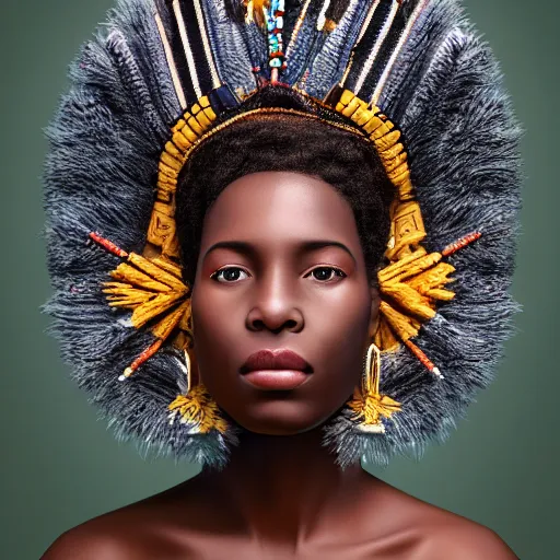 Image similar to vintage portrait of a stunningly beautiful west african tribal queen female, depth of field, zeiss lens, detailed, symmetrical, centered, fashion photoshoot, by edward s curtis, Annie Leibovitz and Steve McCurry, David Lazar, Jimmy Nelsson, Breathtaking, 8k resolution, extremely detailed, beautiful, establishing shot, artistic, hyperrealistic, beautiful face, octane render