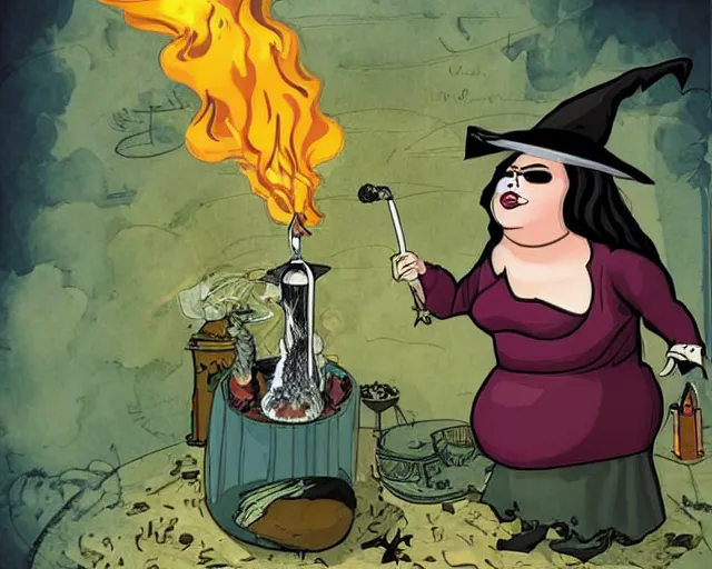 Image similar to fat witch smokin bong. the witch is smoking a bong. the witch smells really bad. the stinky witch needs a shower.