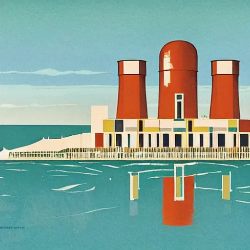 Prompt: sizewell B nuclear plant as an art deco travel poster
