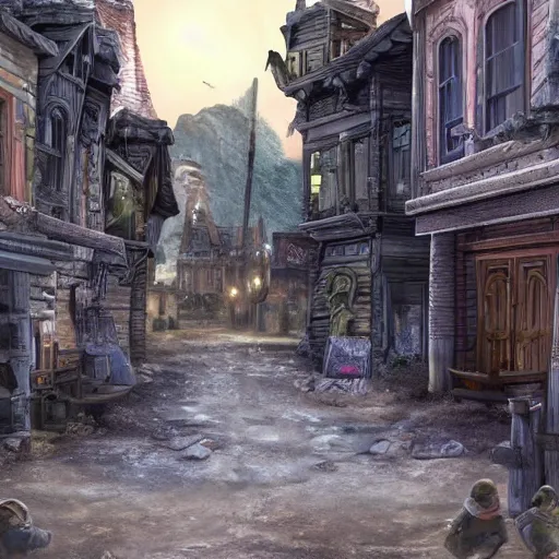 Image similar to fantasy town, barricaded! streets, night watch, ( ( ruins ) )