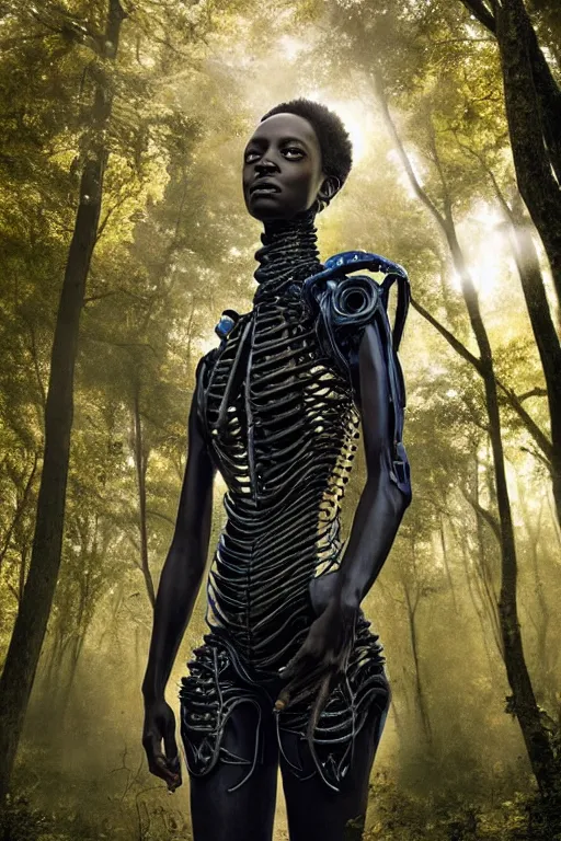 Prompt: neo-surreal very beautiful! black woman, detailed exoskeleton armor, in a forest sun behind, digital art brad kunkle elson peter, dramatic blue light low angle hd 8k sharp focus