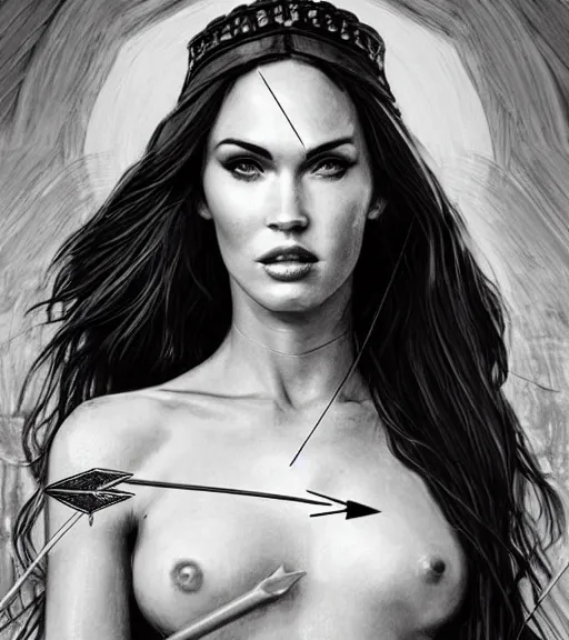 Image similar to portrait of beautiful megan fox as greek goddess aphrodite as an archer, arrow crown, beautiful piercing eyes, flowing blonde hair, realistic face, black and white drawing, in the style of greg rutkowski, fantasy, amazing detail, epic, intricate, elegant, smooth, sharp focus