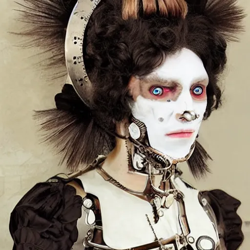 Image similar to clockwork cyborg vampire french aristocrat, powdered wig, gears, prosthetics, full - body