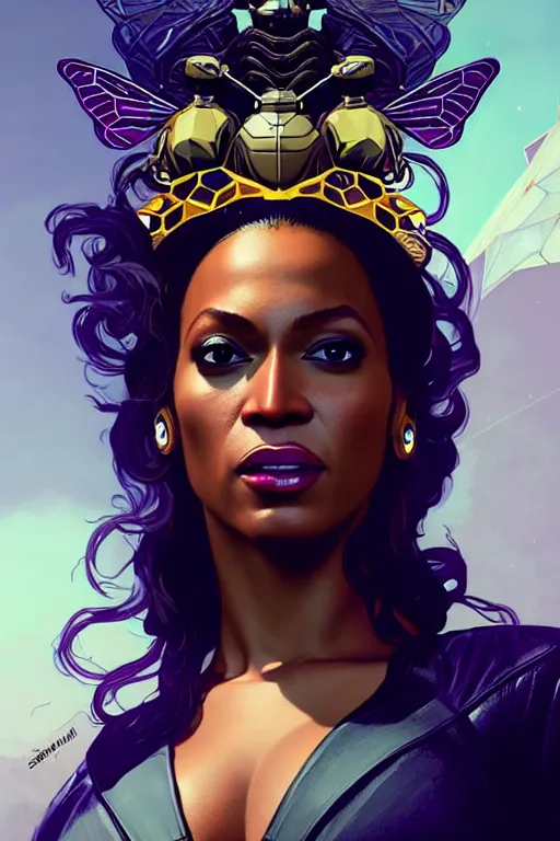 Image similar to gta 5 queen bee beyonce profile picture by greg rutkowski, cybernetic wings, dynamic pose, intricate, futuristic, fantasy, elegant, by stanley artgerm lau, greg rutkowski, thomas kindkade, alphonse mucha, loish, norman rockwell, fantasy lut, asymmetric, long hair, retro computer graphics, video game, fluid lines,