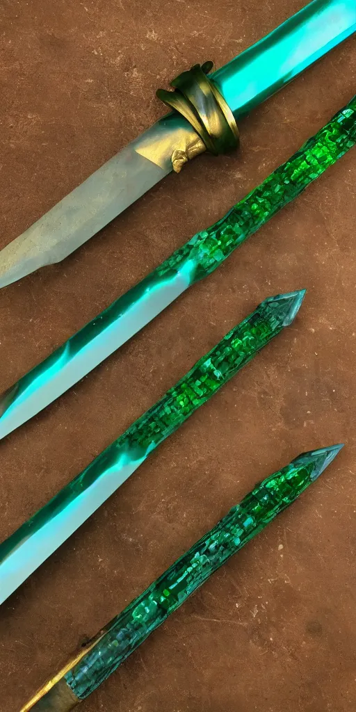 Image similar to photograph of a wide green and teal crystal sword blade attached to a big gold sword hilt