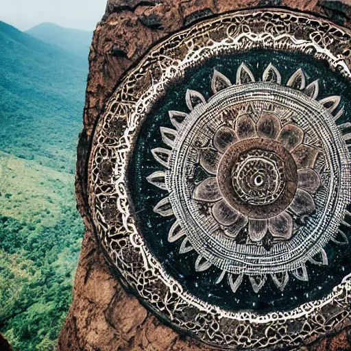 Image similar to mandala carved into the side of a mountain