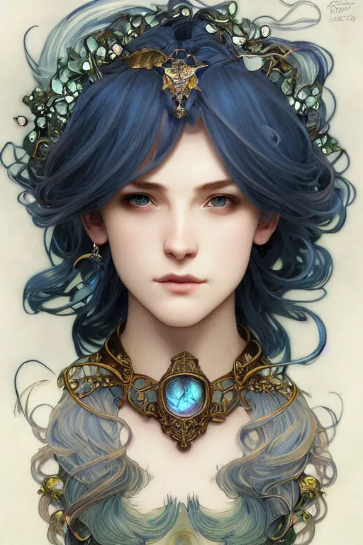 Prompt: fae king, male, ornate labradorite hairstyle, fantasy, cavansite, tourmaline, high collared elegant dress, very detailed, blue jewel wreath, smooth, sharp focus, by greg rutkowski, alphonse mucha, ayami kojima, makoto shinkai, artstation, lois van baarle