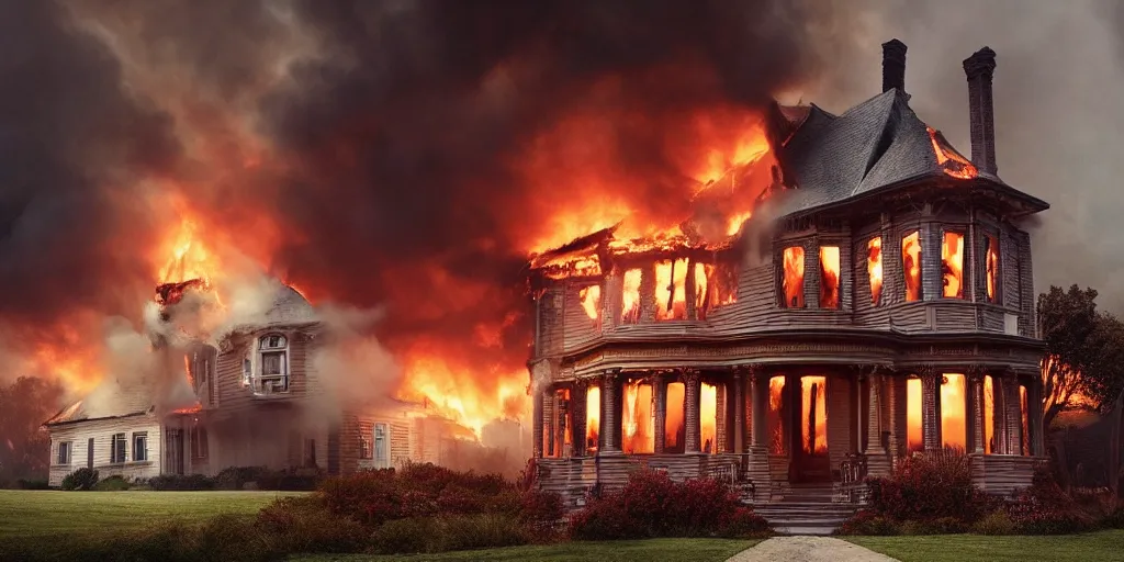 Prompt: victorian house on fire, cinematic, atmospheric, realistic