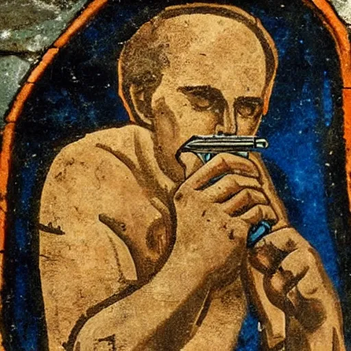 Prompt: fresco depicting Duke Nukem smoking a cigar found in a byzantine church dating back to the 12th century, intricate, highly detailed