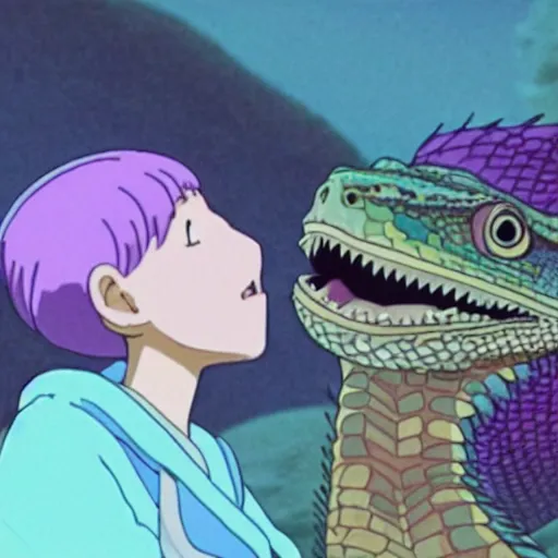 Image similar to beautiful illustration of a bearded dragon looking up lovingly at a young french woman with purple hair. animation frame from the studio ghibli film by miyazaki.