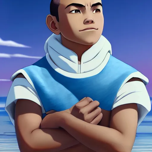 Image similar to beautiful serene intricate photograph of sokka from the water tribe as an inuit young man, dark hair, light blue eyes, smiling softly, relaxing on the beach, golden hour, soft focus, 8 k, art by irakli nadar, hyperrealism, hyperdetailed, ultra realistic