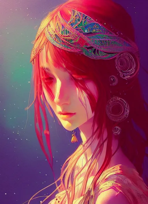 Image similar to “a beautiful bohemian girl, intricate, highly detailed, digital painting, Pixiv, Artstation, official media, anime key visual, concept art, rich vivid colors, ambient lighting, sharp focus, illustration, art by WLOP”