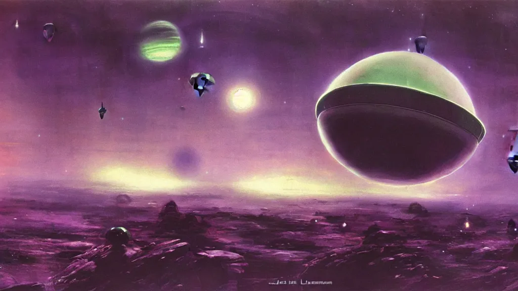 Image similar to eerie atmospheric alien planet with a small dropship pod landing by paul lehr and jack gaughan and john schoenherr, epic cinematic matte painting