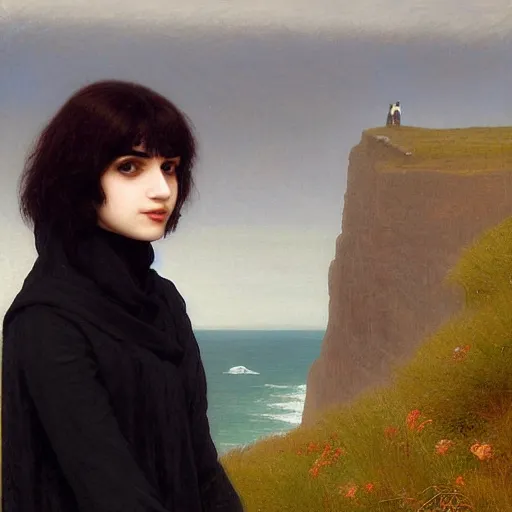 Image similar to 1 7 - year - old pale - skinned british - persian girl with black long bob cut, long bangs, black gothic jacket, black jeans, psychic girl, standing on cliff along the irish coast, overcast gray skies, ultra - realistic, sharp details, subsurface scattering, intricate details, art by william - adolphe bouguereau