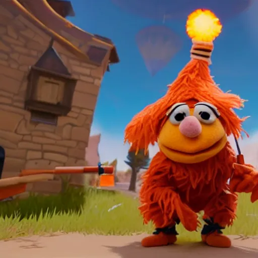 Prompt: bip bippadotta from the muppets as a wizard, fuzzy orange puppet, in fortnite, holding a gun, 3 d unreal engine render