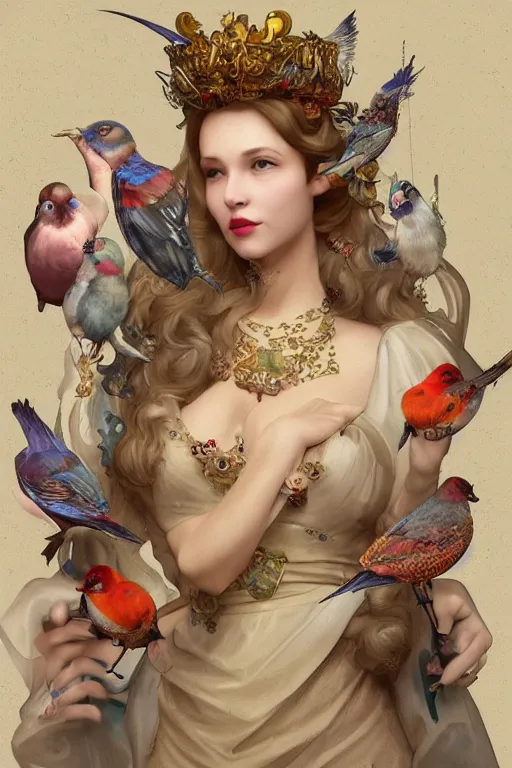 Image similar to face 3 d render of english princess holding birds, ornaments, mucha vibe, dieselpunk, solarpunk, artstation